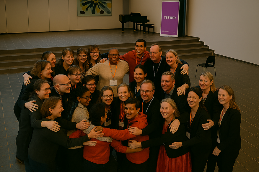 Tekoälyn luomassa kuvassa ryhmähalataan tapahtumaan osallistuneiden kesken.