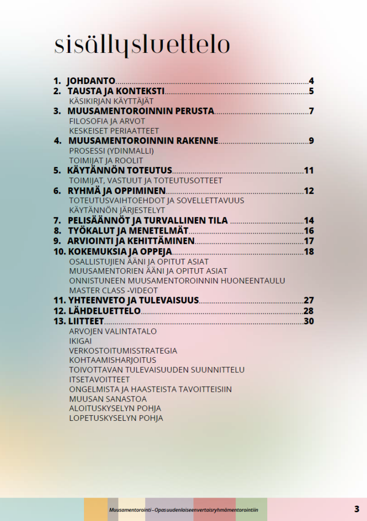 Muusamentorointioppaan sisällysluettelo